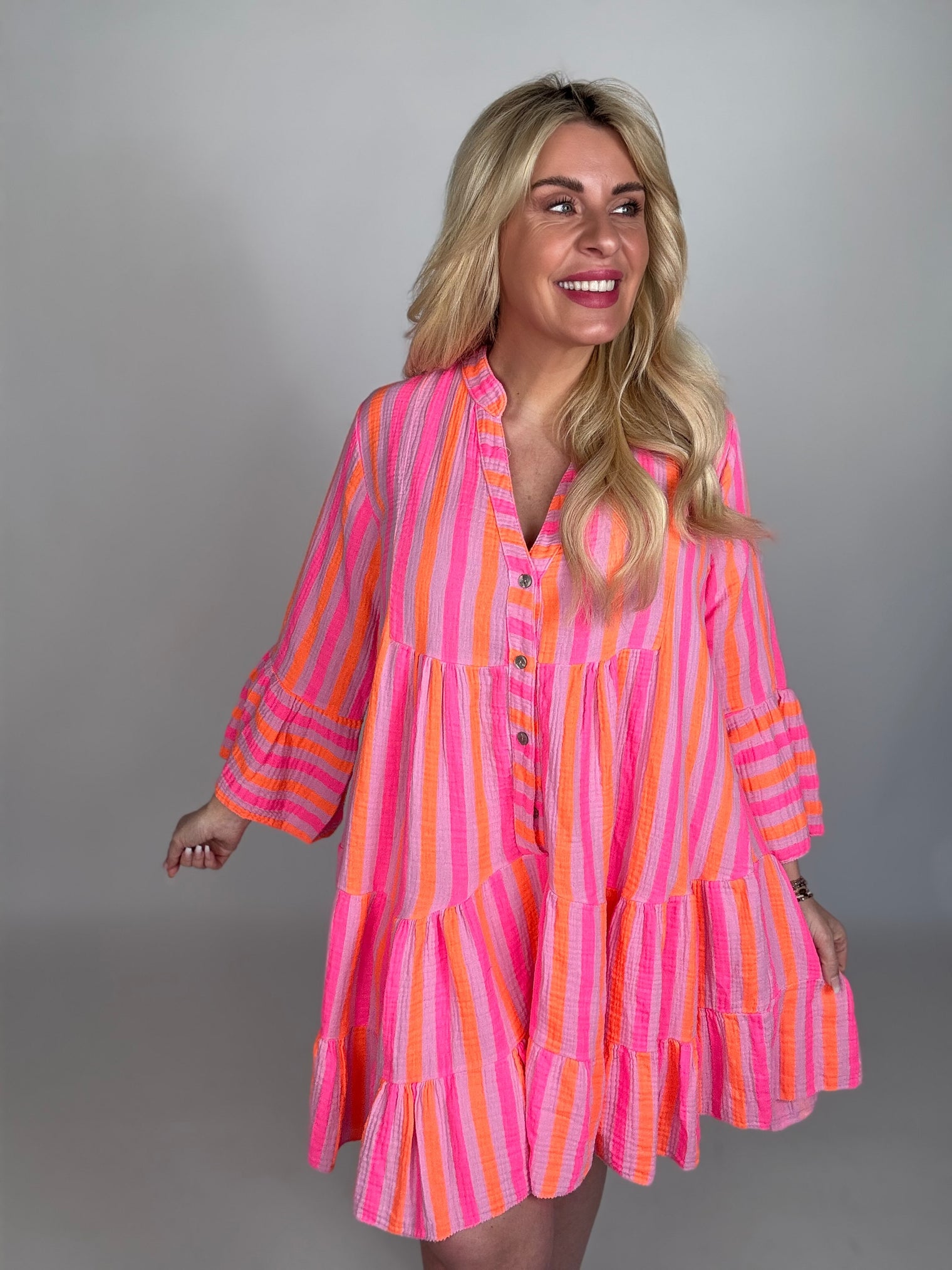 Musselin Kleid rosa NEON STREIFEN pink/orange langarm