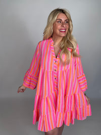Musselin Kleid rosa NEON STREIFEN pink/orange langarm