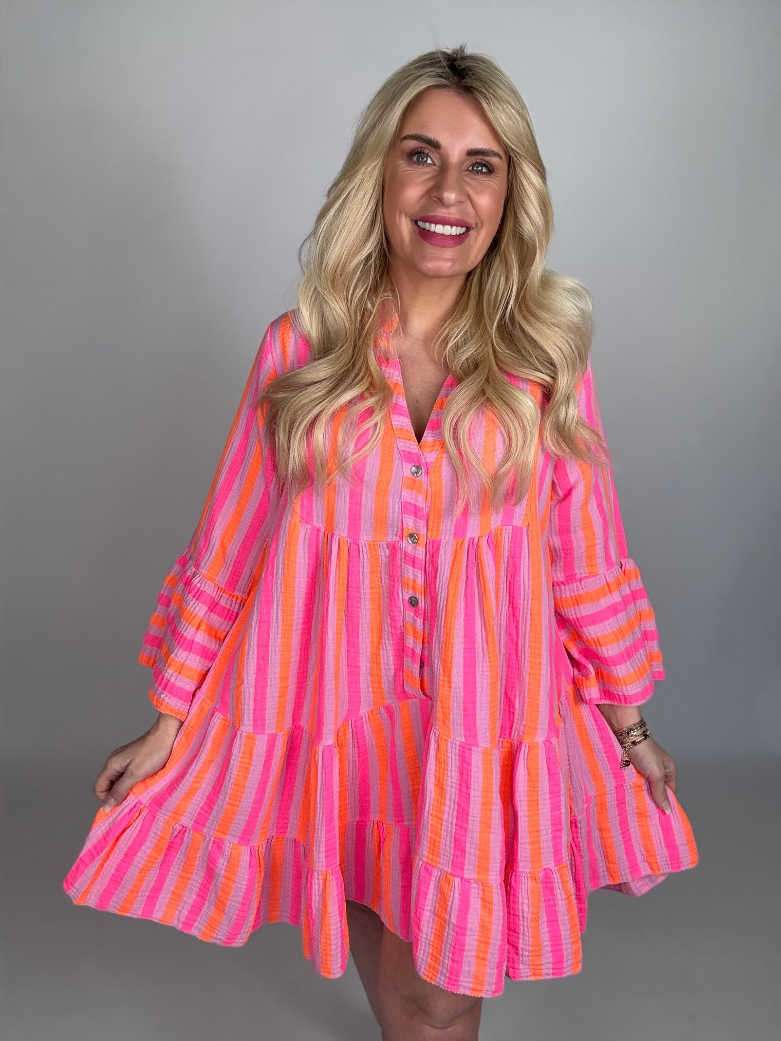 Musselin Kleid rosa NEON STREIFEN pink/orange langarm