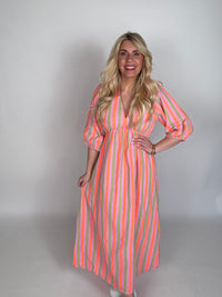 Musselin Kleid rosa NEON STREIFEN khaki/orange langarm