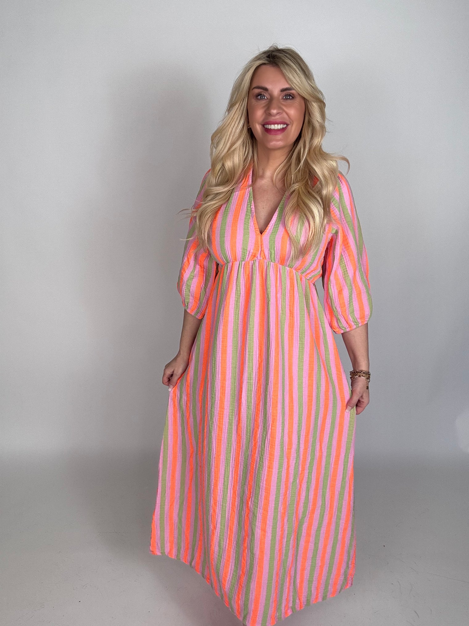 Musselin Kleid rosa NEON STREIFEN khaki/orange langarm
