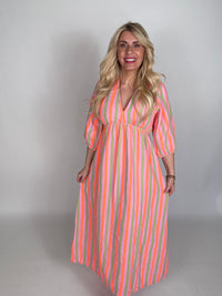 Musselin Kleid rosa NEON STREIFEN khaki/orange langarm