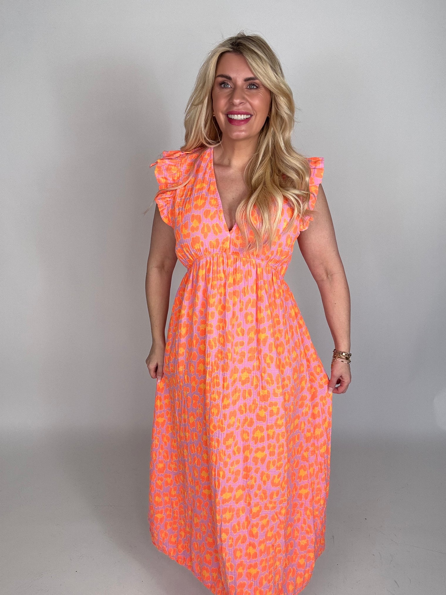 Musselin Kleid rosa LEO POWER gelb/orange
