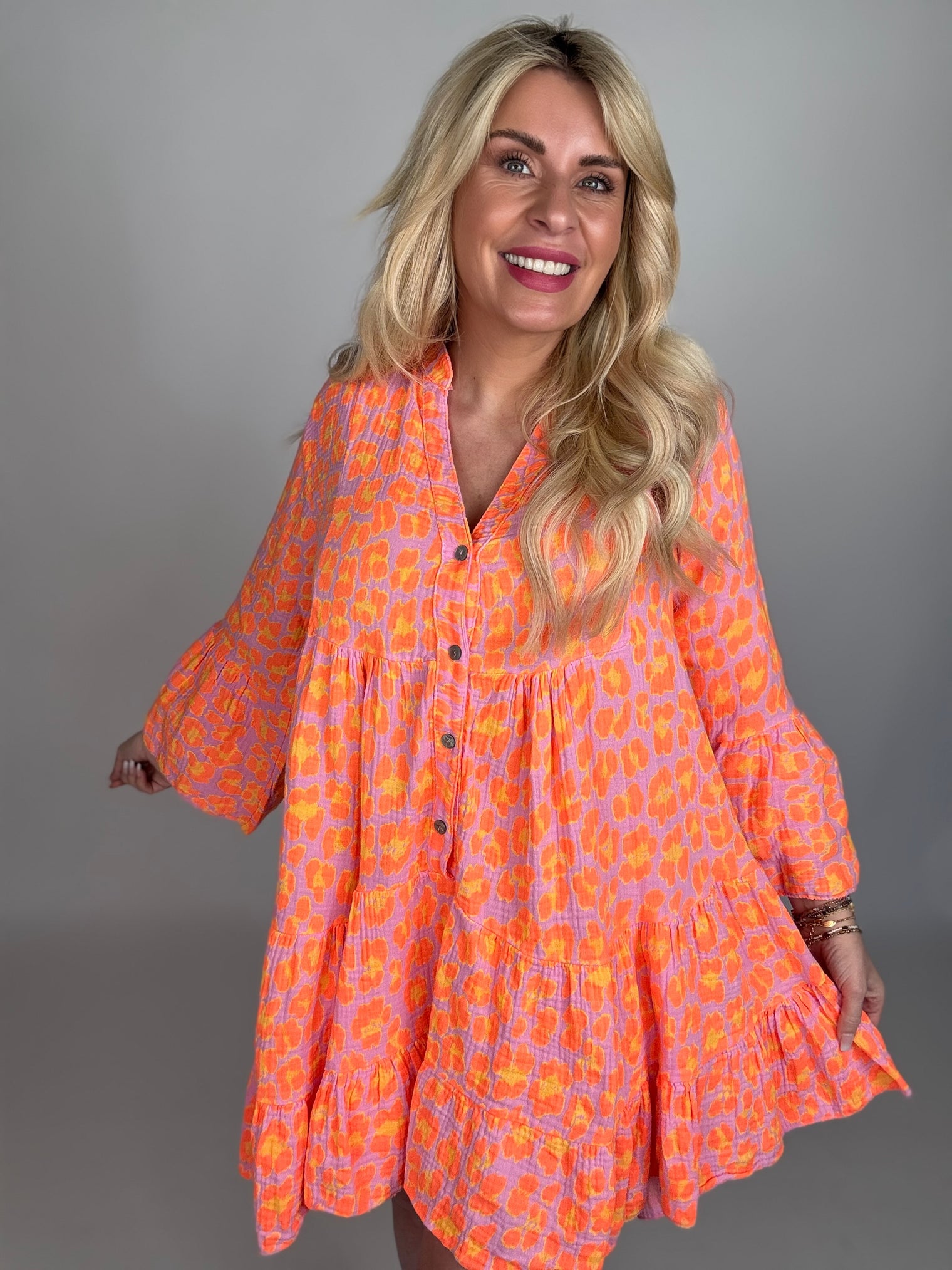 Musselin Kleid rosa LEO POWER gelb/orange langarm