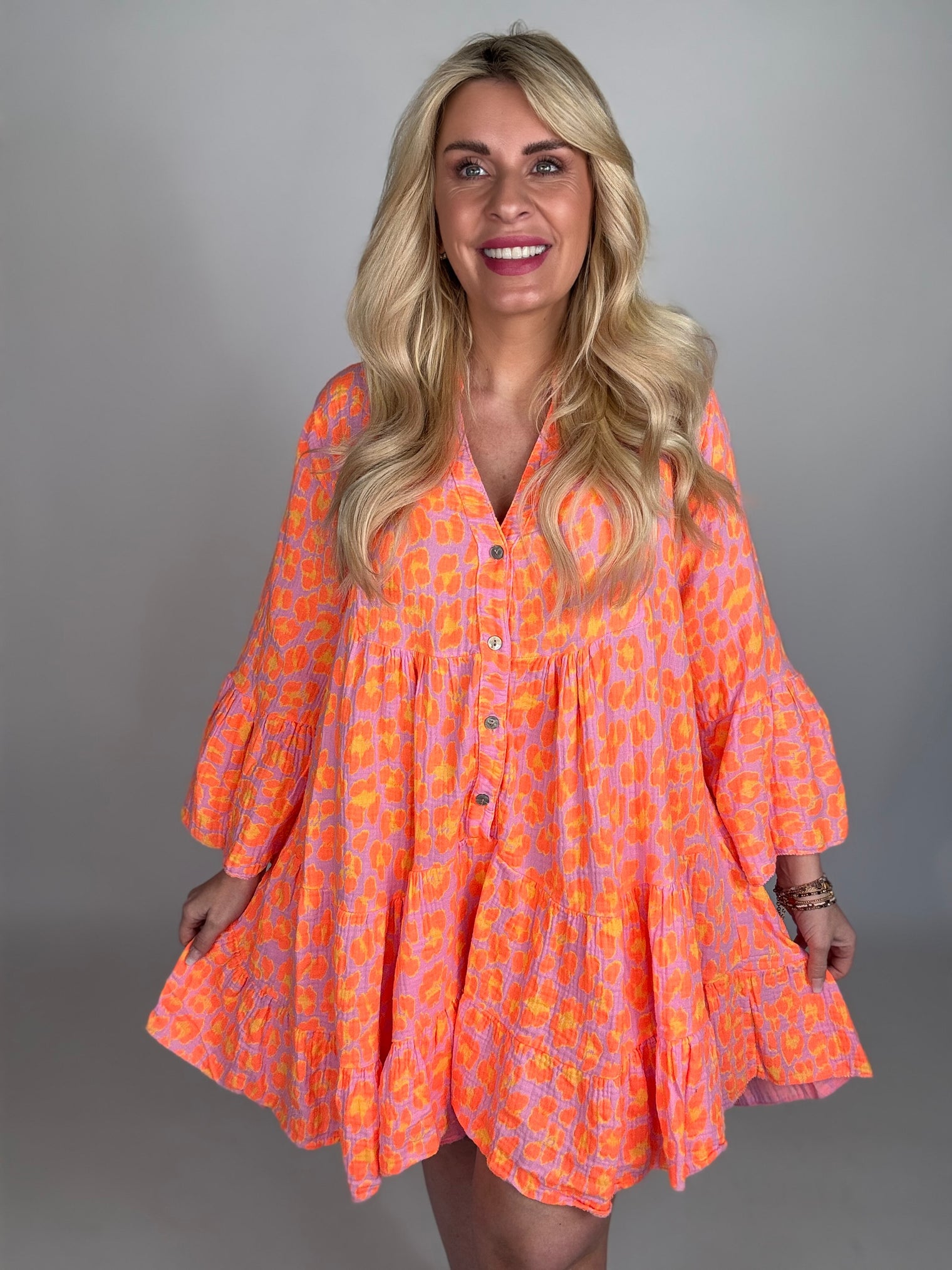 Musselin Kleid rosa LEO POWER gelb/orange langarm