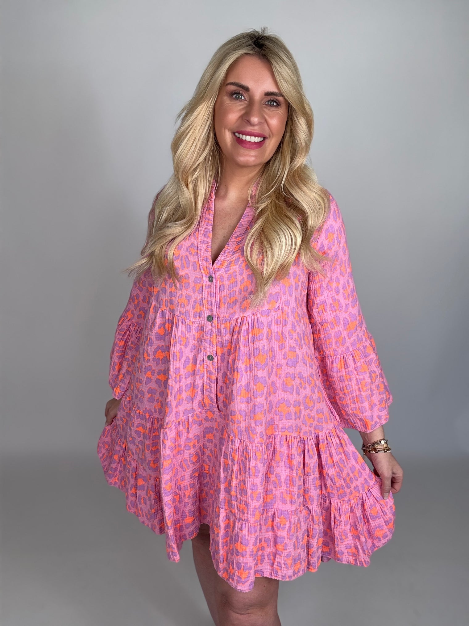 Musselin Kleid rosa LEO POWER flieder/orange langarm