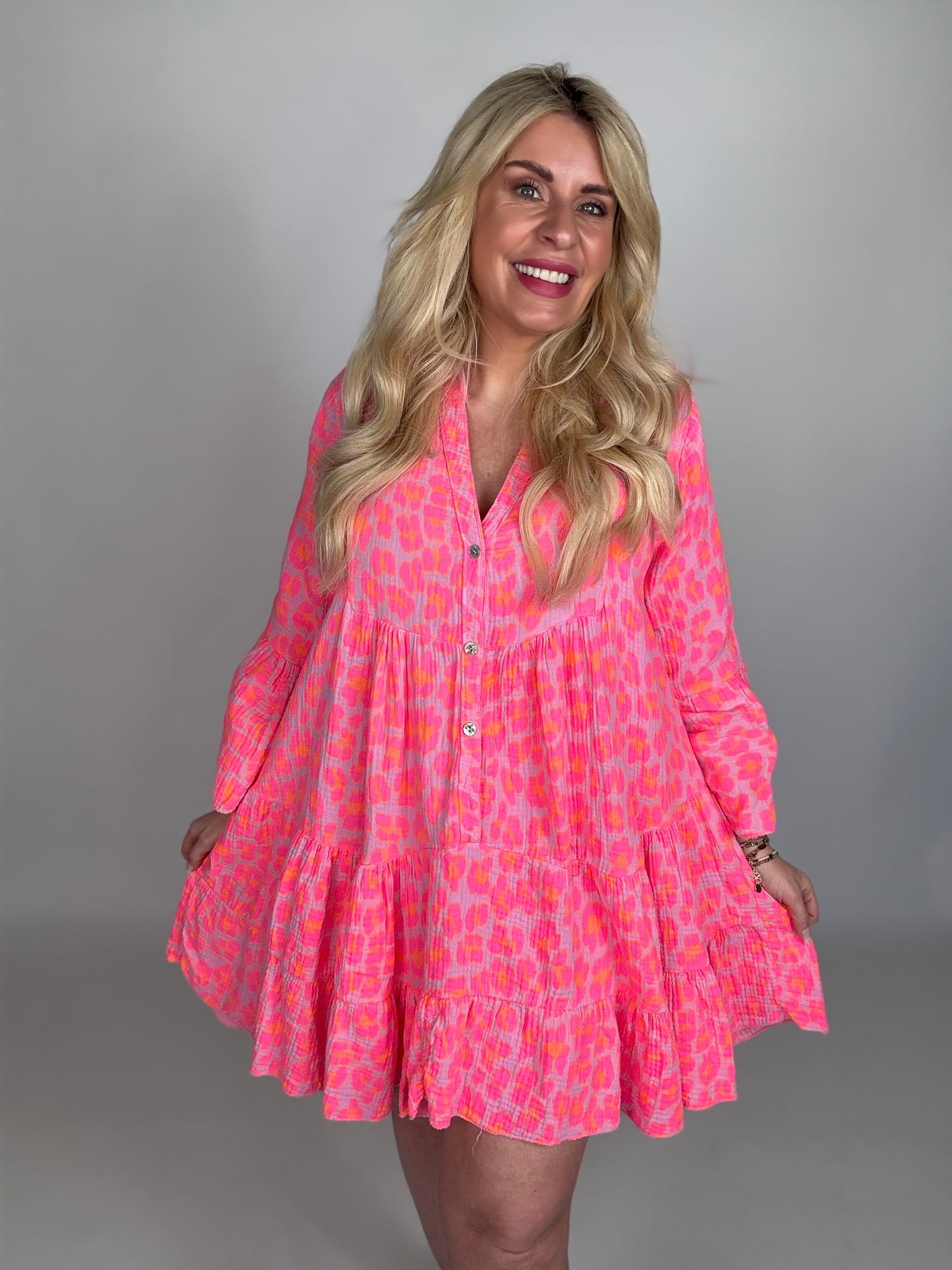 Musselin Kleid rosa LEO POWER pink/orange langarm