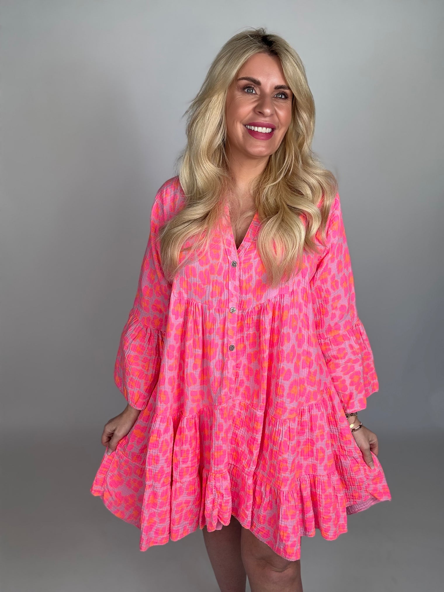 Musselin Kleid rosa LEO POWER pink/orange langarm