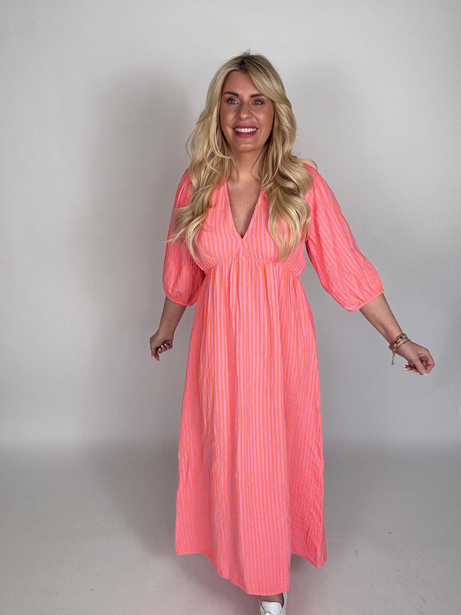 Musselin Kleid langarm rosa ZARTE STREIFEN orange