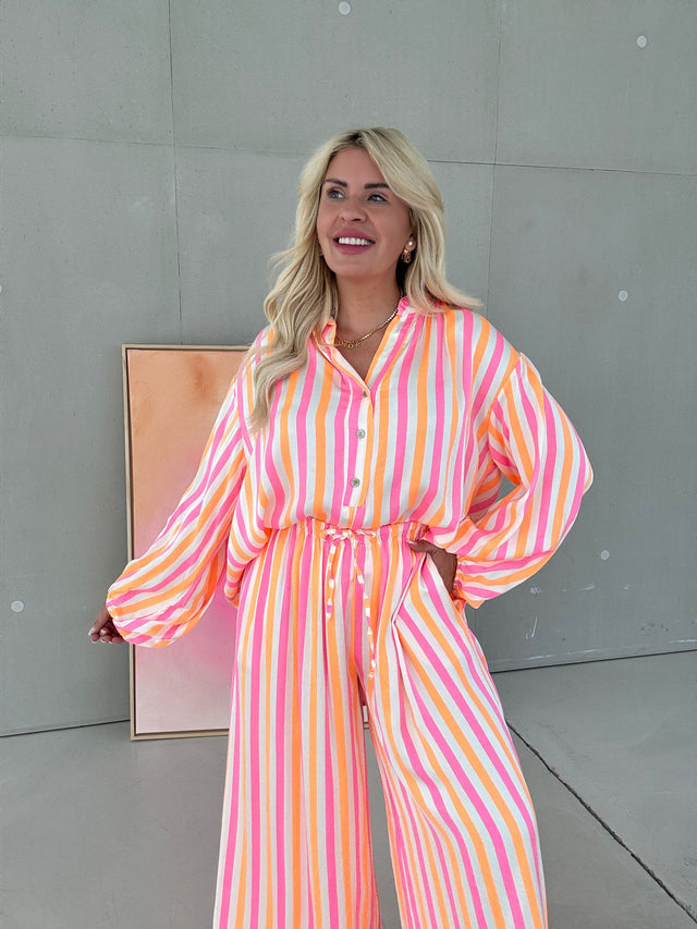 SILKY POWER AKTIONSBLUSE weiß NEON STREIFEN orange&pink