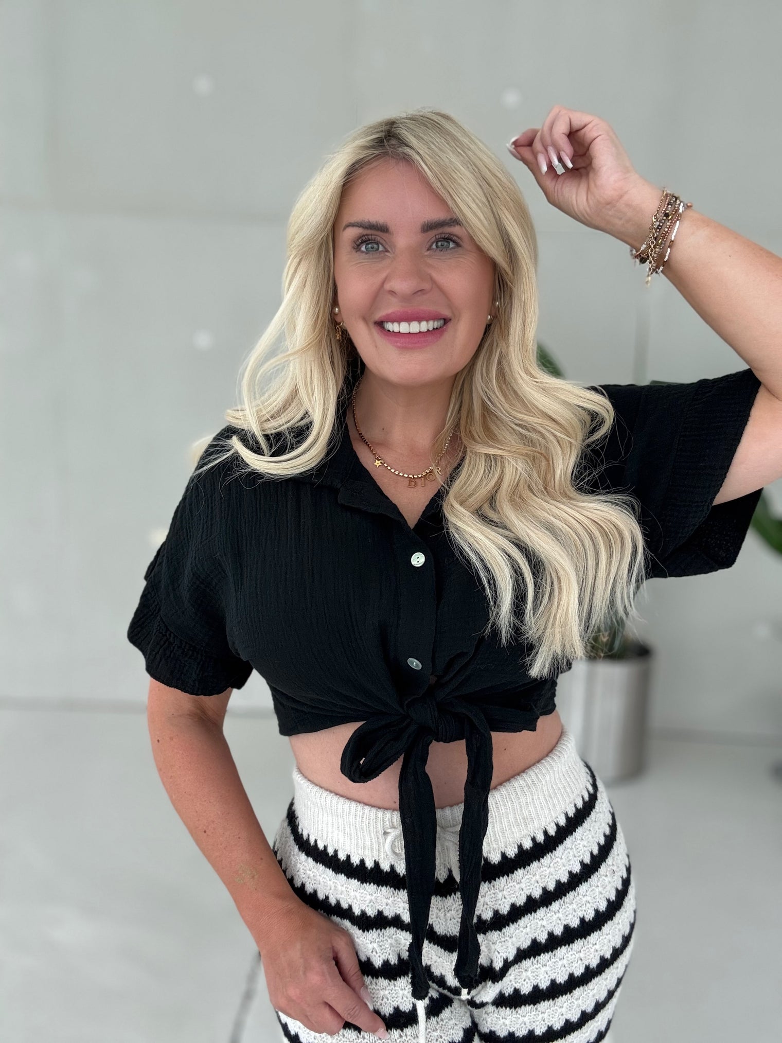 Musselin Bluse kurzarm BLACK zum knoten