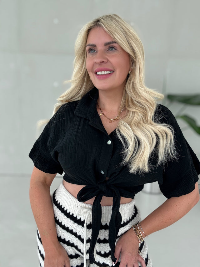 Musselin Bluse kurzarm BLACK zum knoten