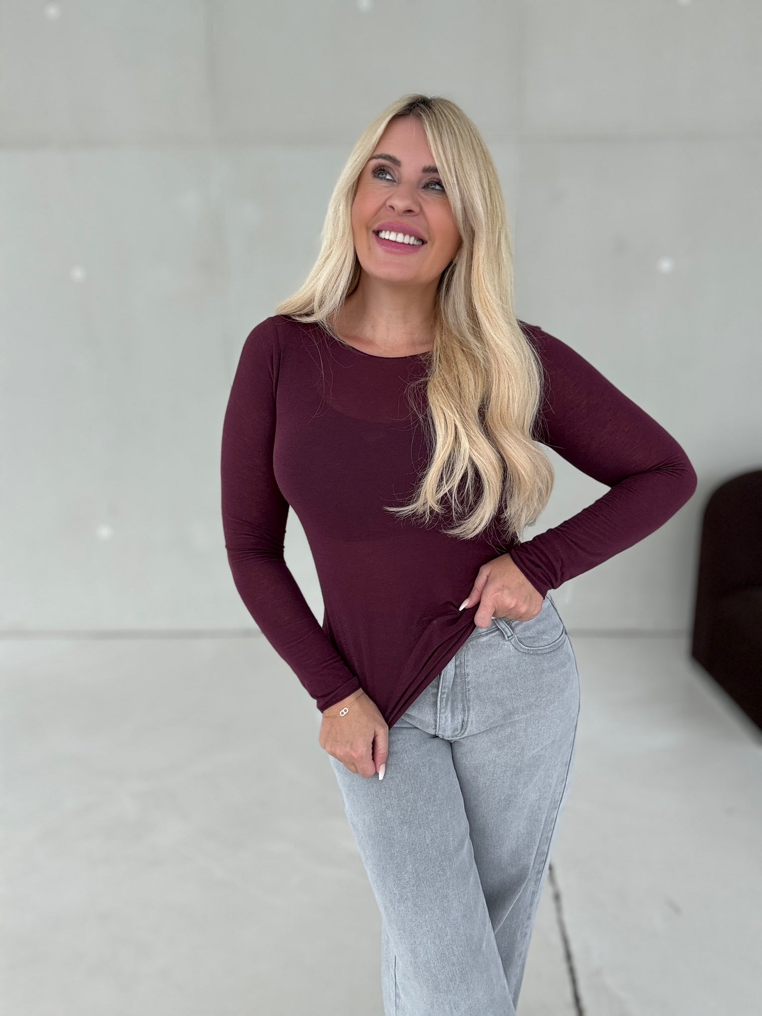 Stretchy Cashmere Langarmshirt BURGUNDY
