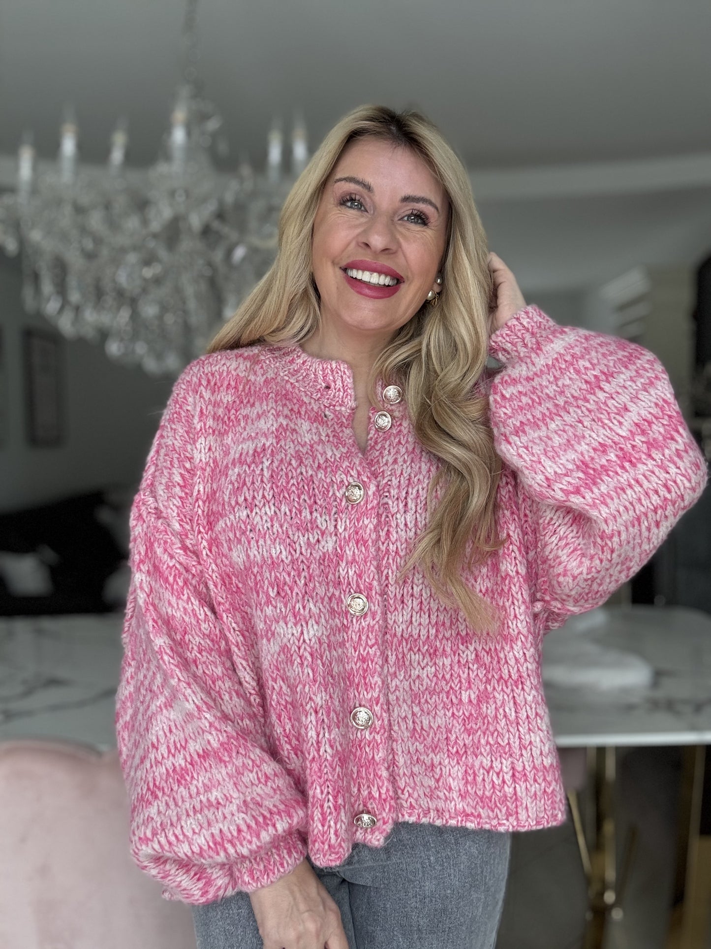 Strickjacke pink weiss mit goldenden Knöpfen 7003-30858