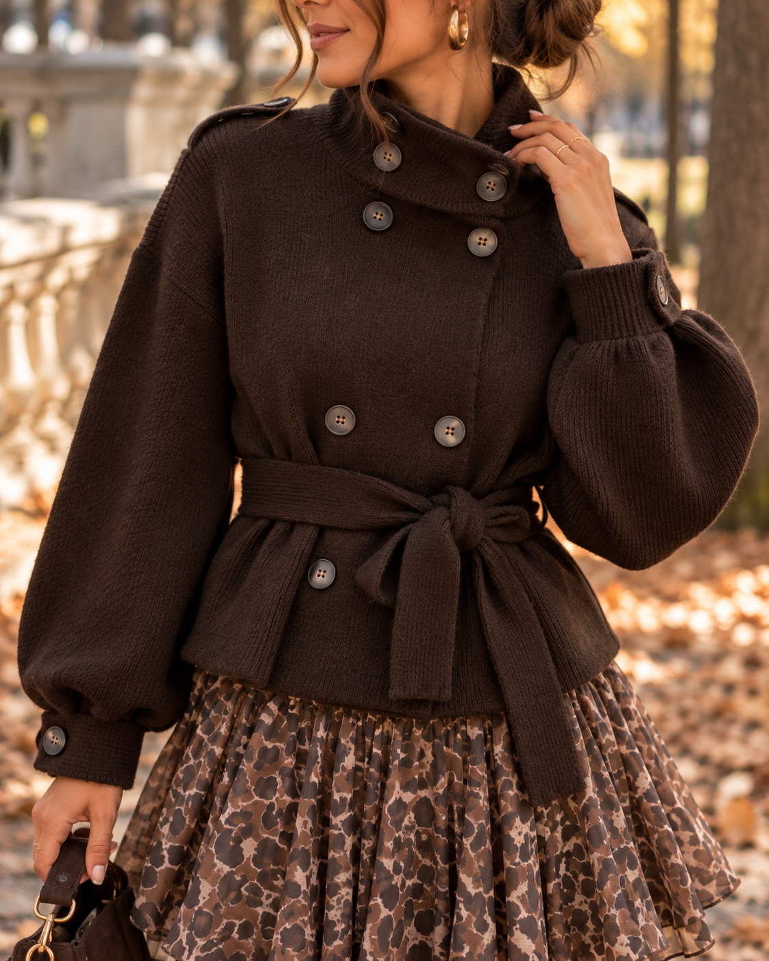 Strickjacke mit Knopfleiste und Gürtel chocolate
