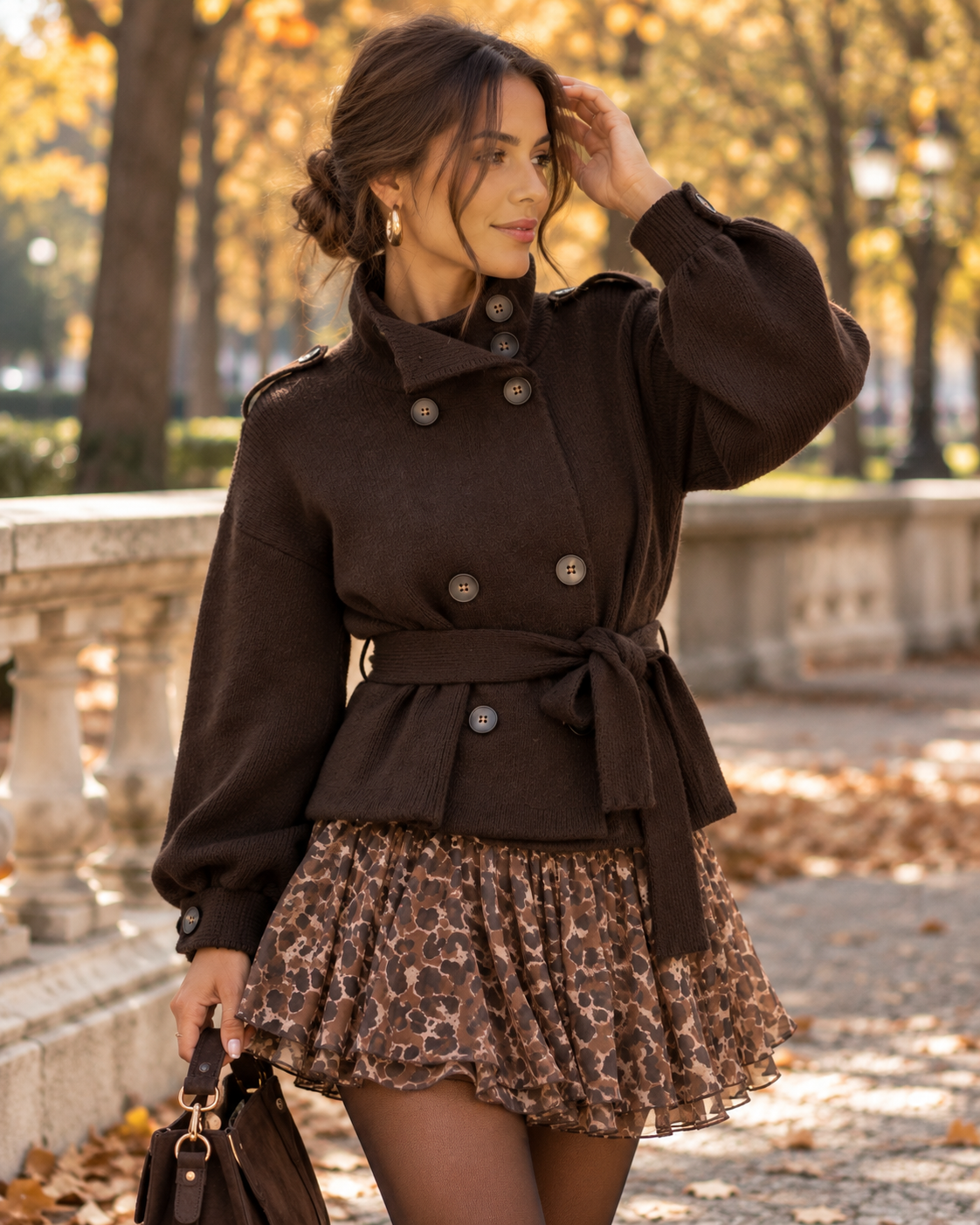 Strickjacke mit Knopfleiste und Gürtel chocolate