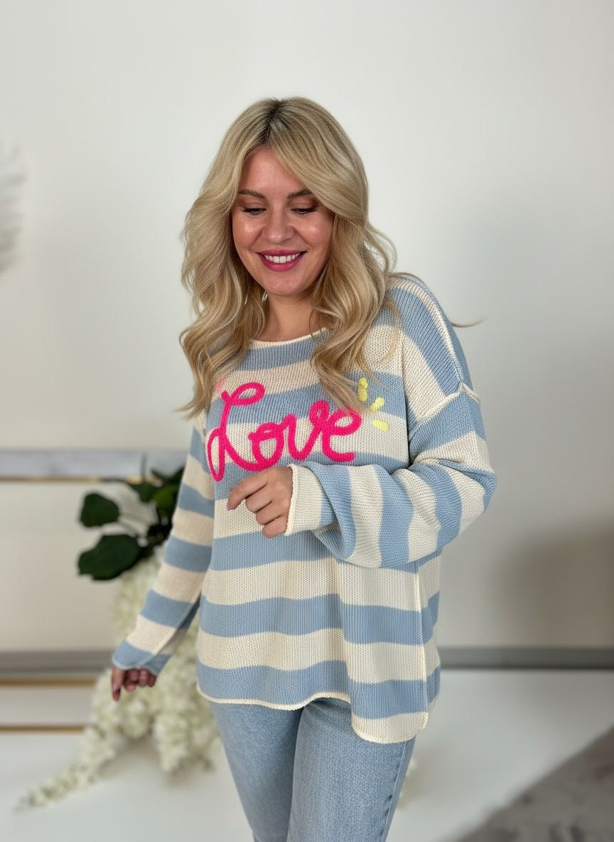 Strickpullover hellblau/creme gestreift LOVE in hotpink