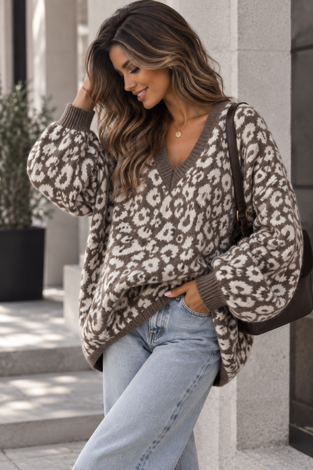 Cozy Strickpullover im angesagten Leo Muster taupe/creme