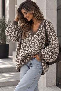 Cozy Strickpullover im angesagten Leo Muster taupe/creme