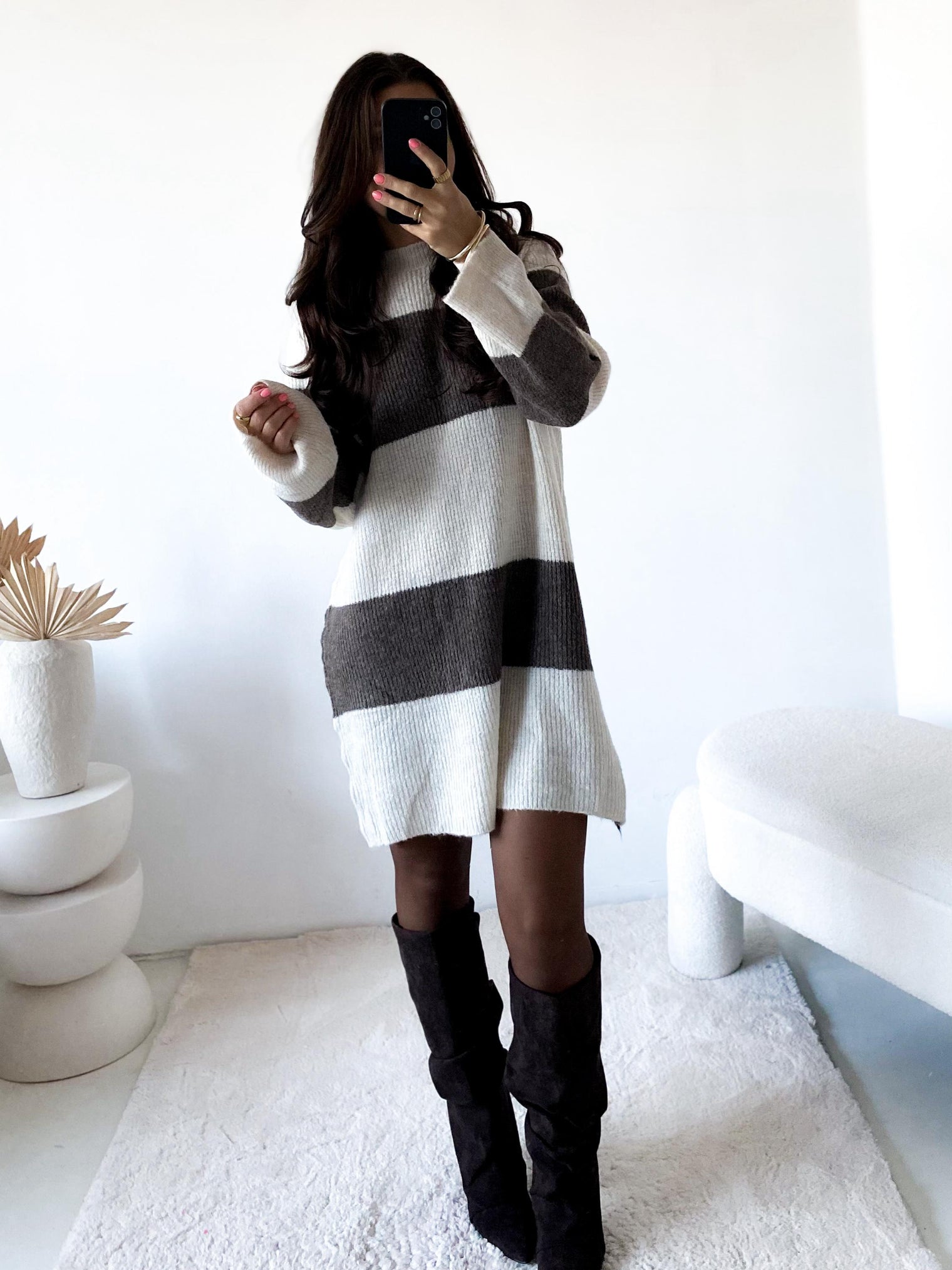 Strickkleid BIG STRIPES creme/taupe