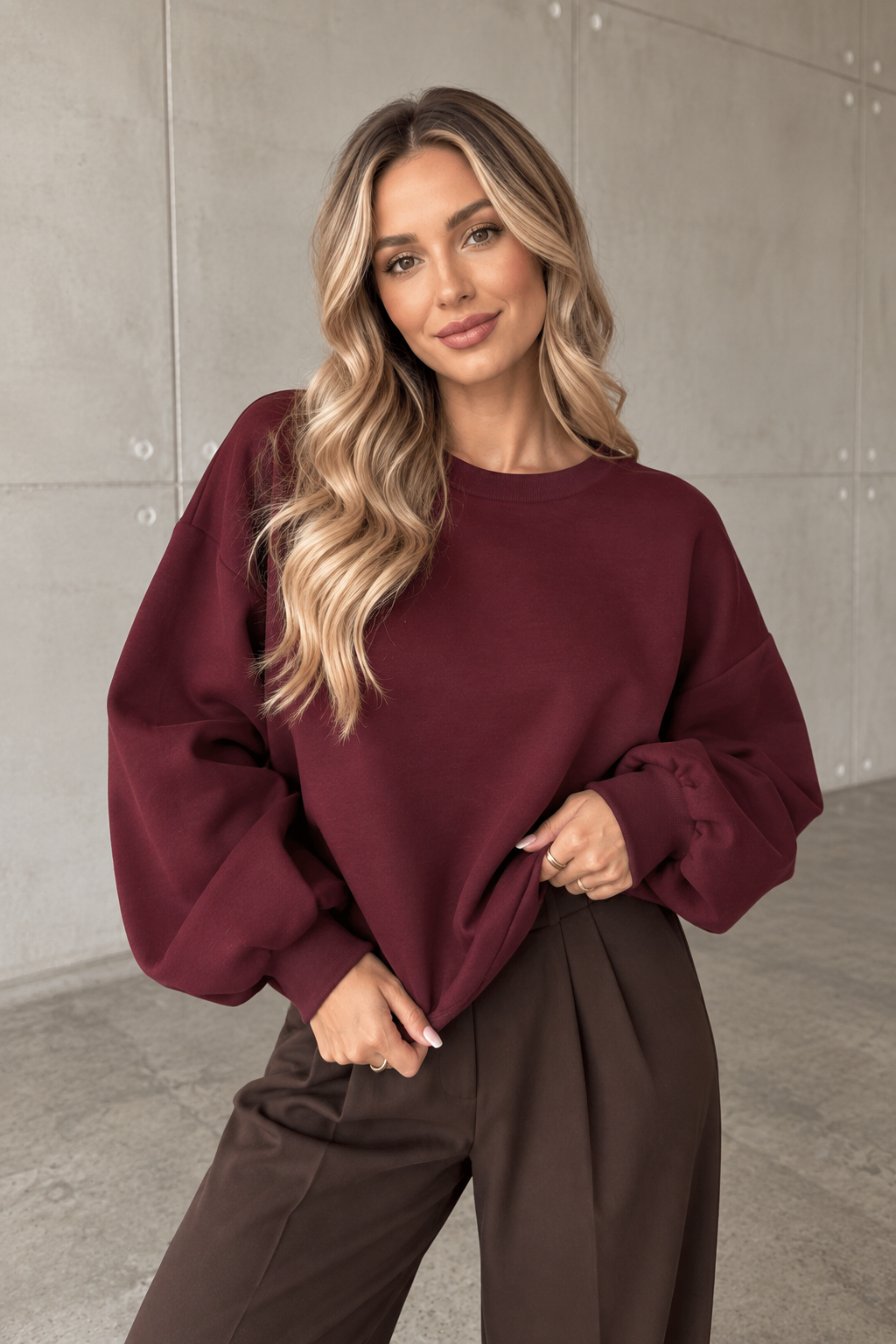 Butterstoff Pullover mit Gummizug unten burgundy