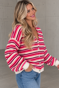 Kuschel Strickjacke mit Knopfleiste pink/rot/rosa/apricot/weiß