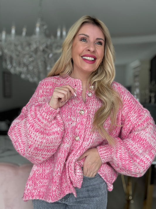 Strickjacke pink weiss mit goldenden Knöpfen 7003-30858