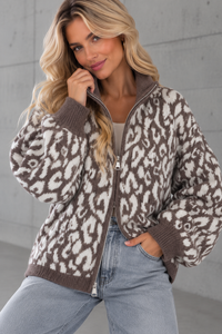 Zipper Strickjacke im angesagten Leo Muster taupe/creme