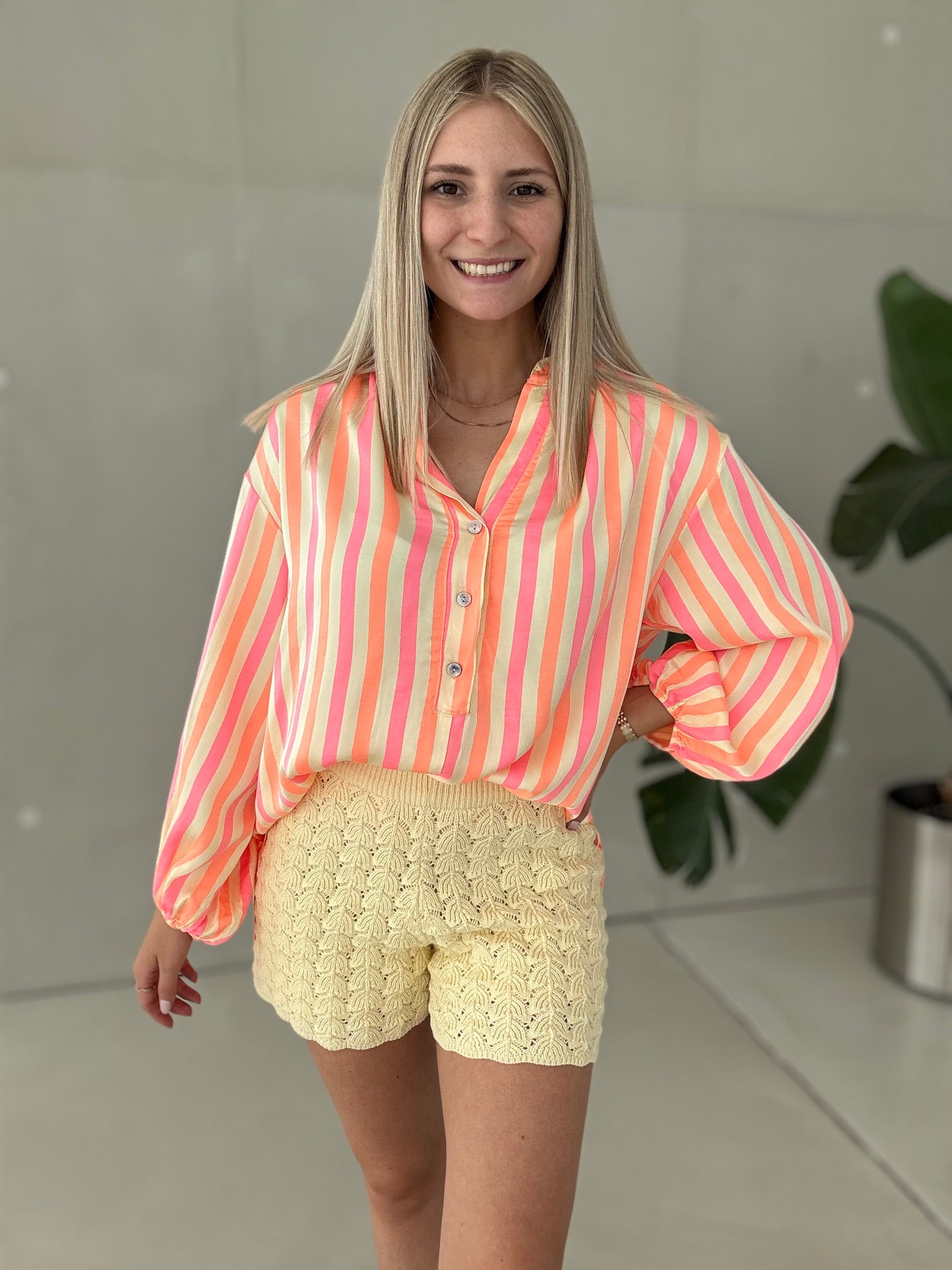 Silky Bluse gelb NEON STREIFEN orange&pink