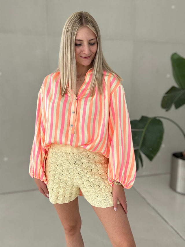 Silky Bluse gelb NEON STREIFEN orange&pink