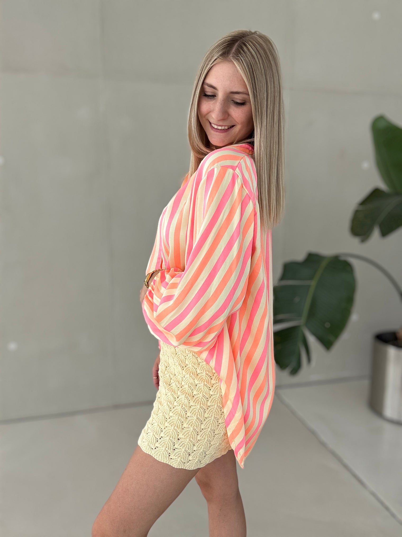 Silky Bluse gelb NEON STREIFEN orange&pink