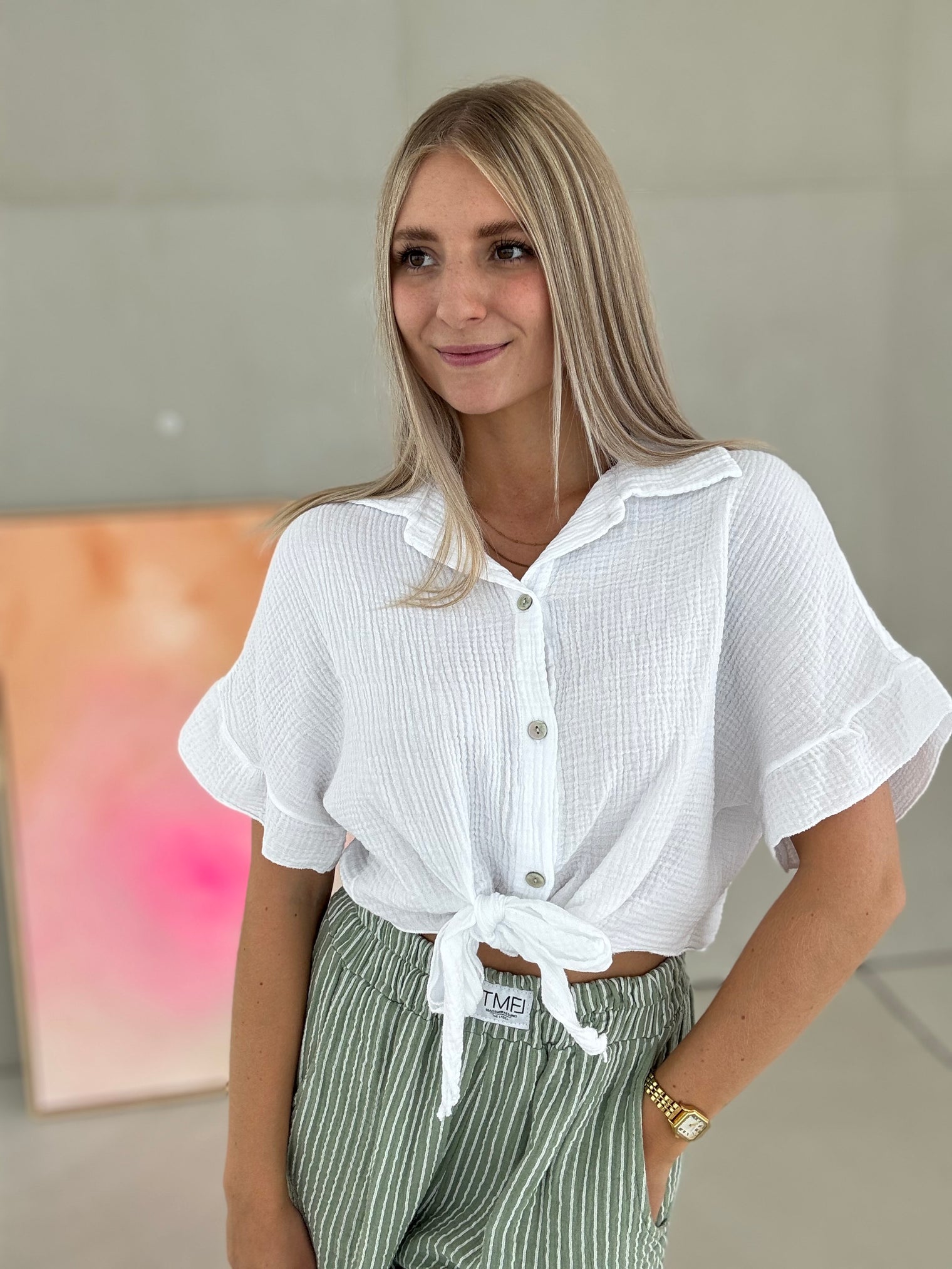 Musselin Bluse kurzarm WHITE zum knoten