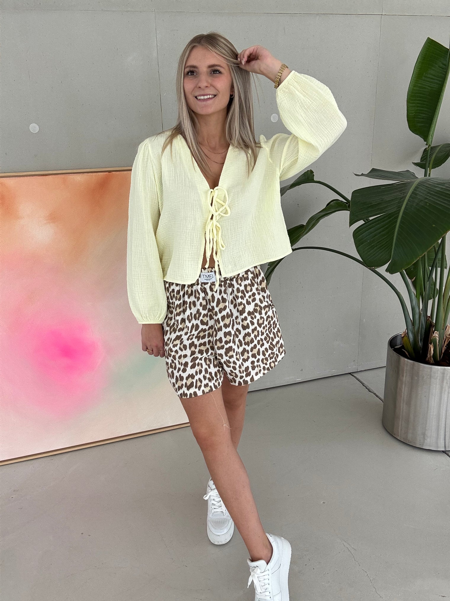 Musselin Bluse BUTTERMILK gelb mit Schleifchen Cropped