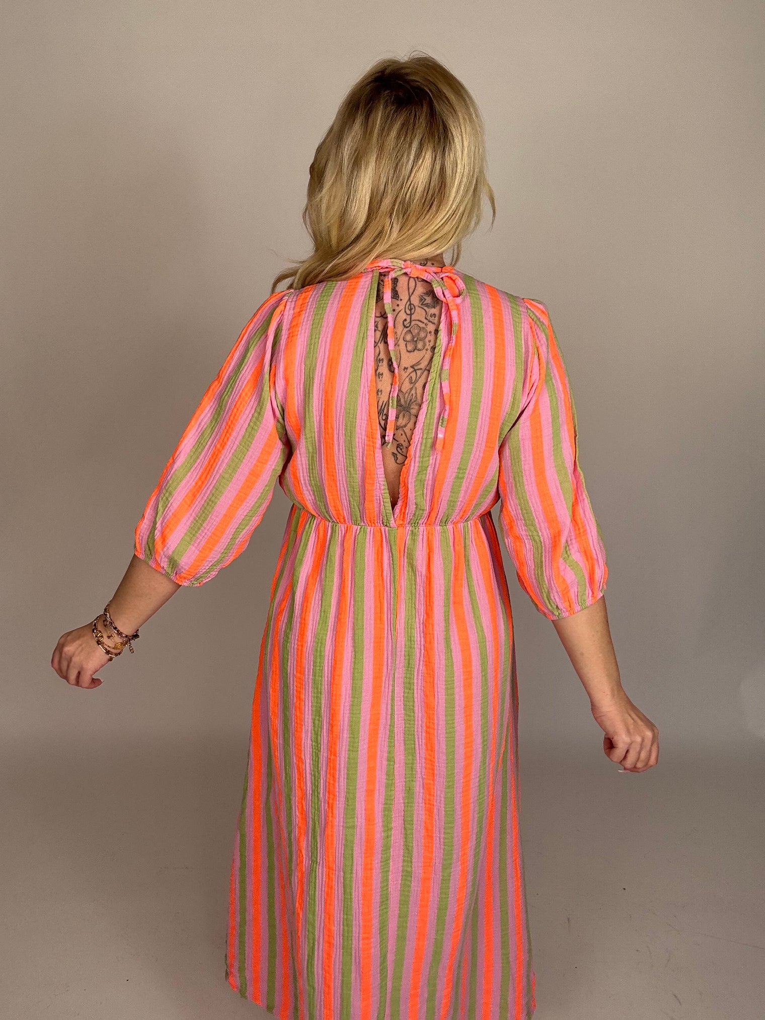Musselin Kleid rosa NEON STREIFEN khaki/orange langarm