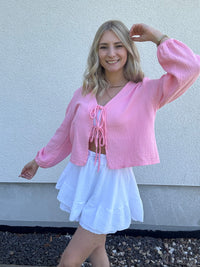 Musselin Bluse rosa mit Schleifchen Cropped