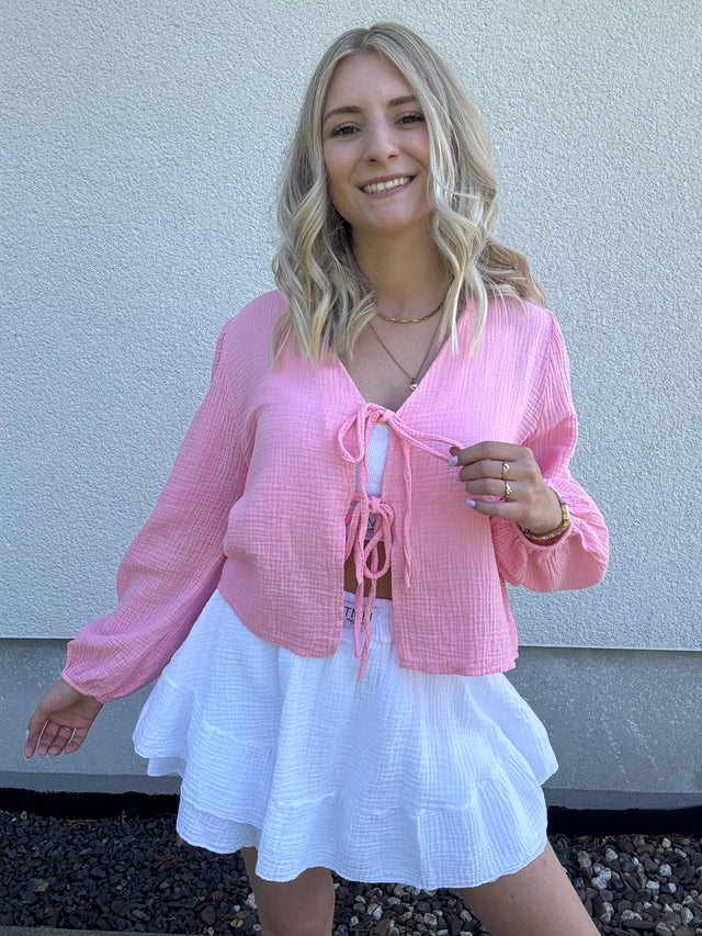 Musselin Bluse rosa mit Schleifchen Cropped