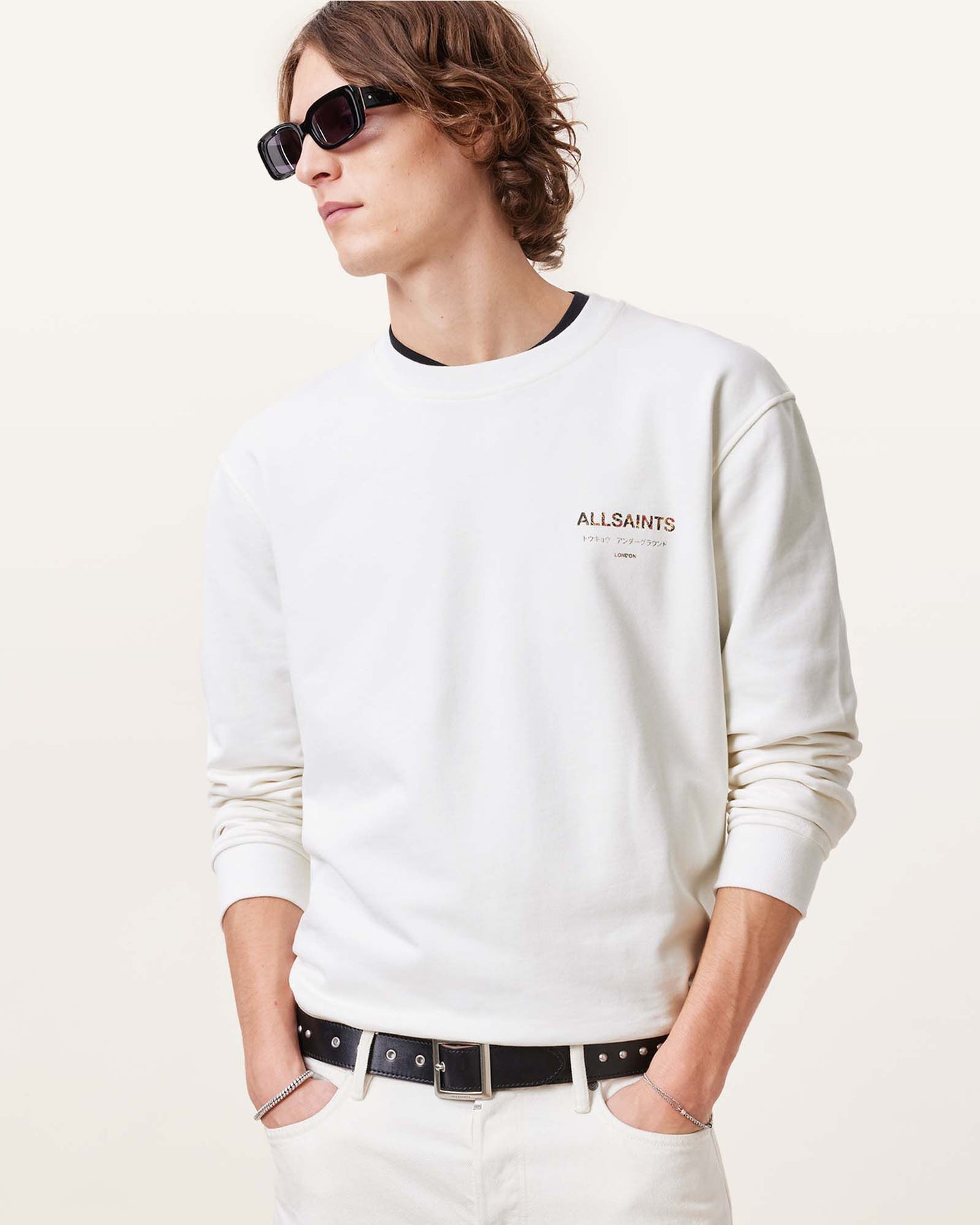 Allsaints Underground Oversized Crew Sweatshirt Ashen White/ Snake