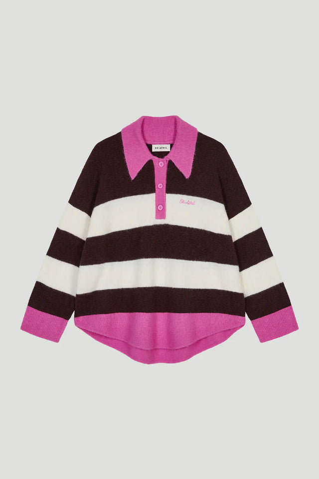 OH APRIL Maya Knit Polo Truffle Stripe