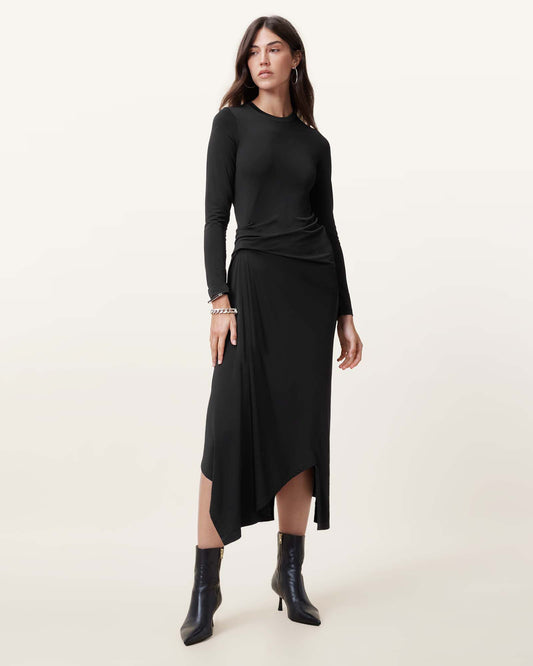 Allsaints Rivi Draped Long Sleeve Midi Dress Black