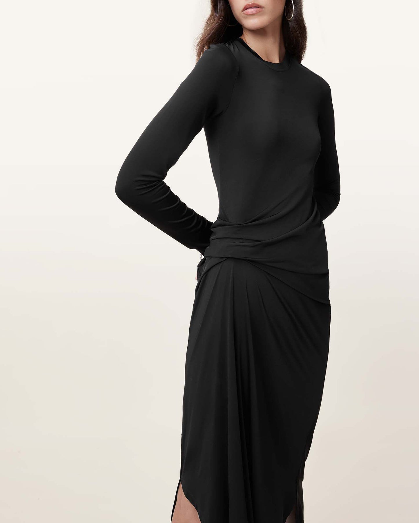 Allsaints Rivi Draped Long Sleeve Midi Dress Black