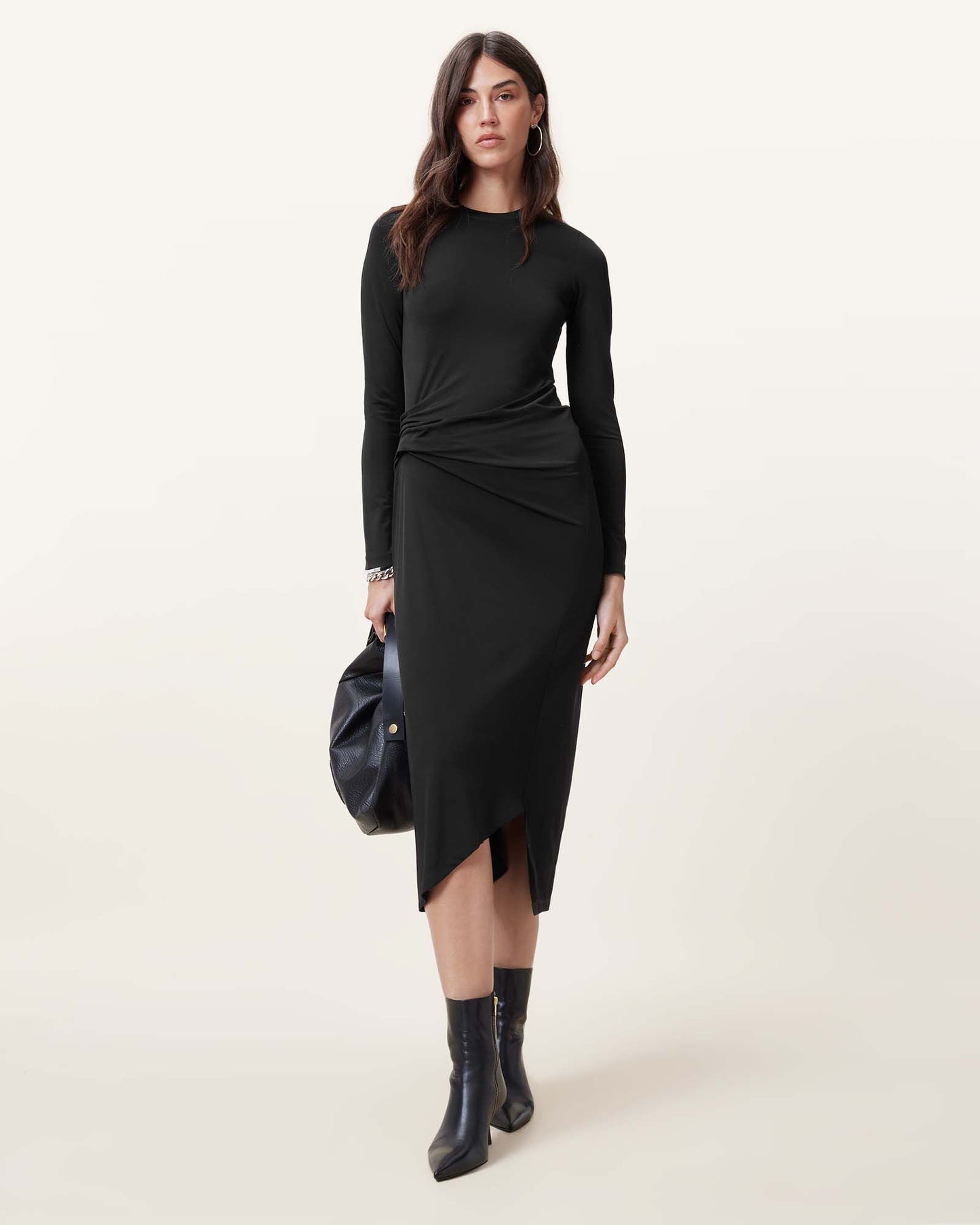 Allsaints Rivi Draped Long Sleeve Midi Dress Black