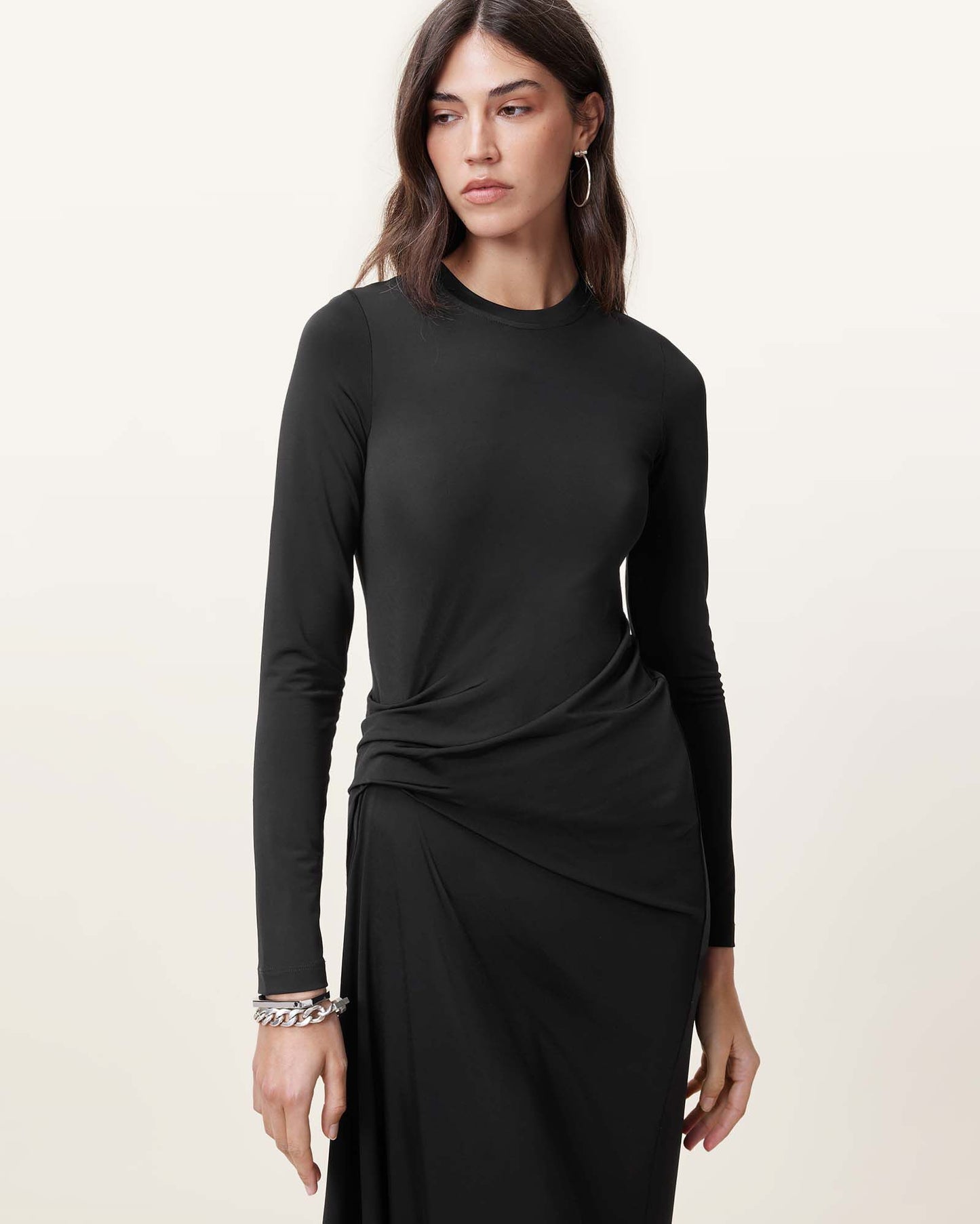 Allsaints Rivi Draped Long Sleeve Midi Dress Black