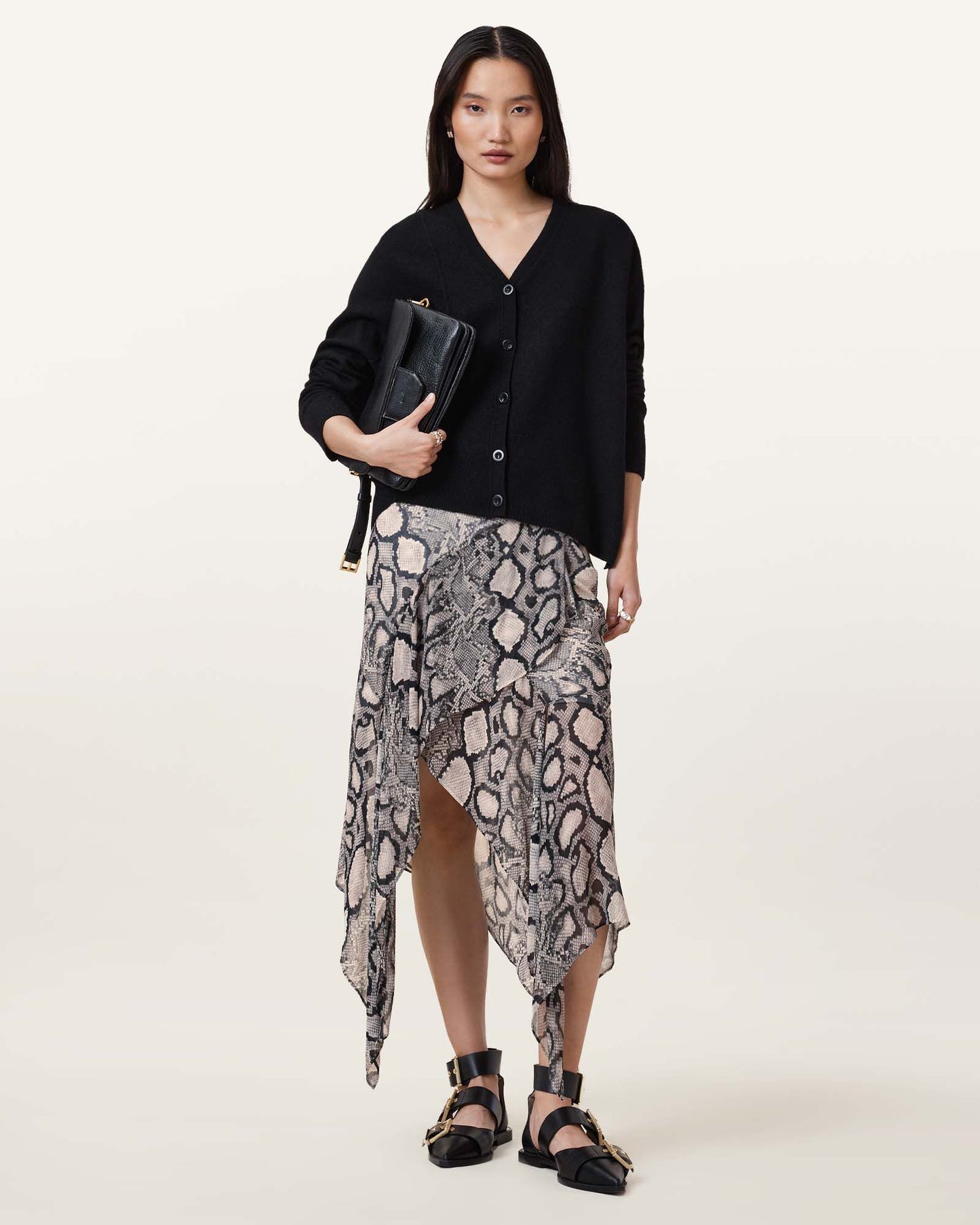 Allsaints Cassie Satin Silk Midi Skirt Flow Ecru White