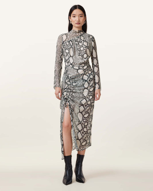 Allsaints Rizo Snake Print Silk Blend Midi Dress Flow Ecru White