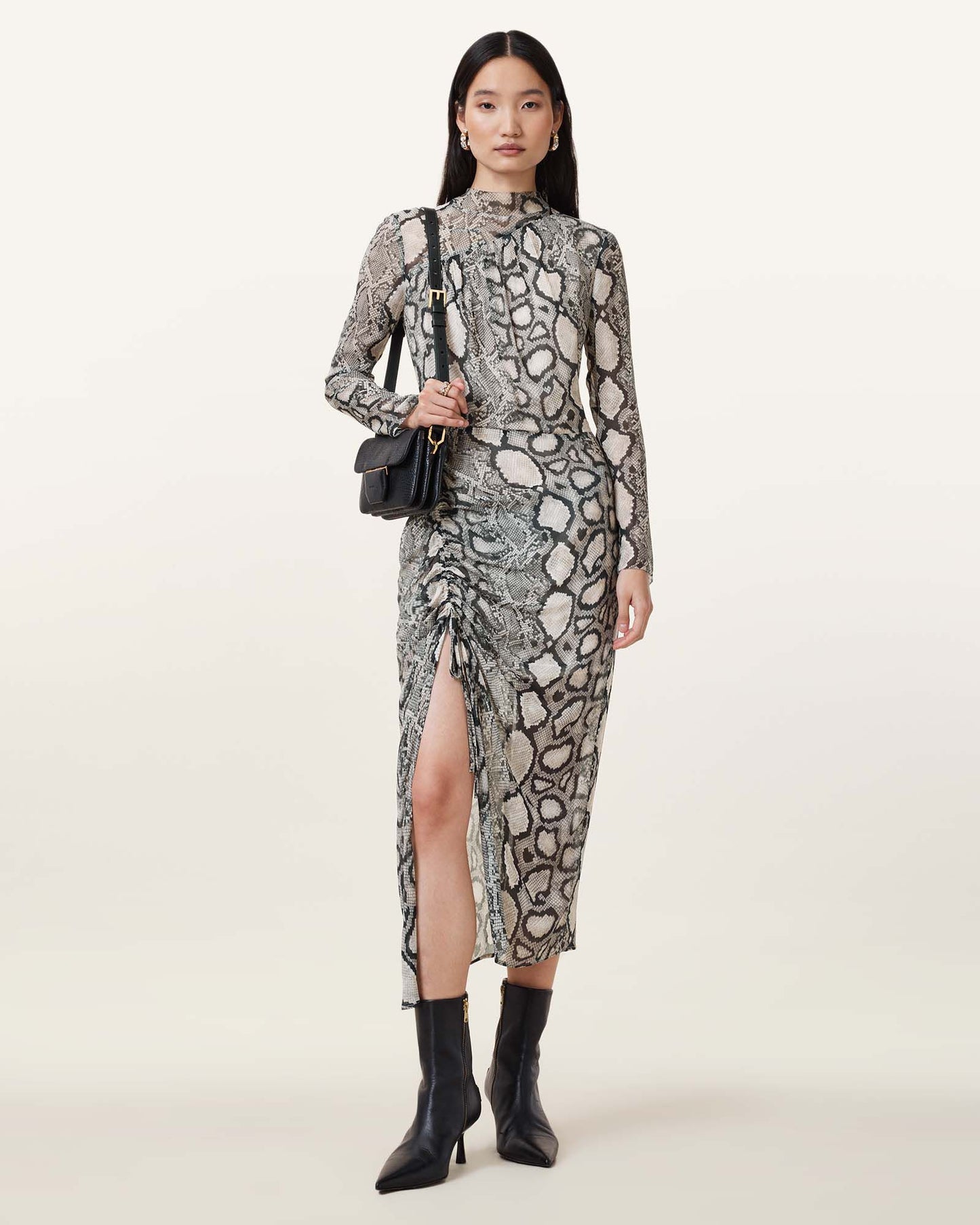 Allsaints Rizo Snake Print Silk Blend Midi Dress Flow Ecru White