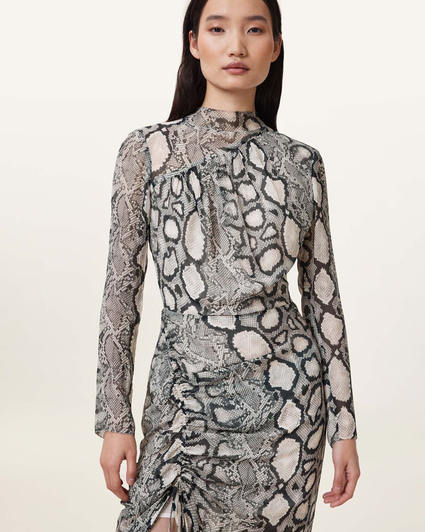 Allsaints Rizo Snake Print Silk Blend Midi Dress Flow Ecru White