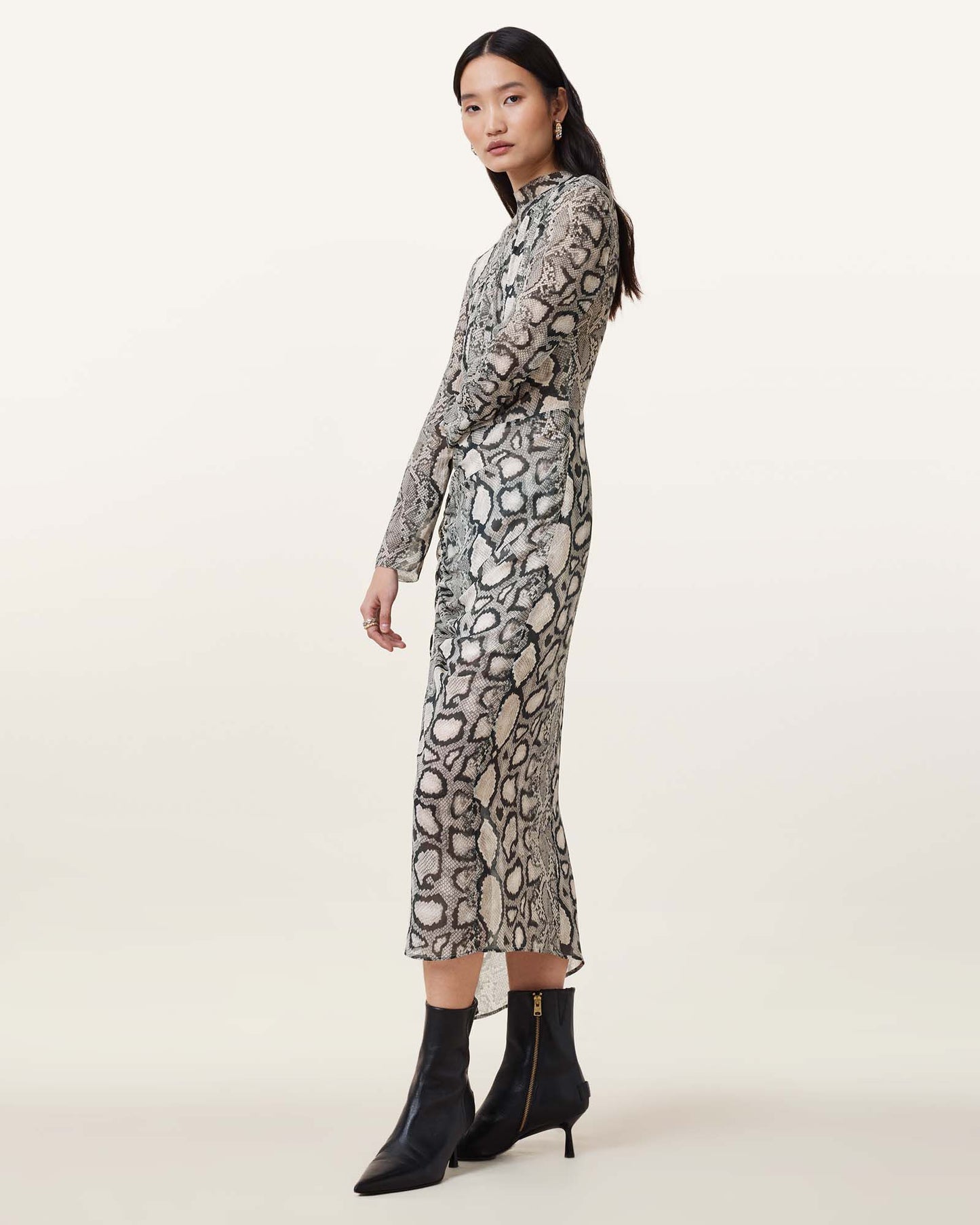 Allsaints Rizo Snake Print Silk Blend Midi Dress Flow Ecru White