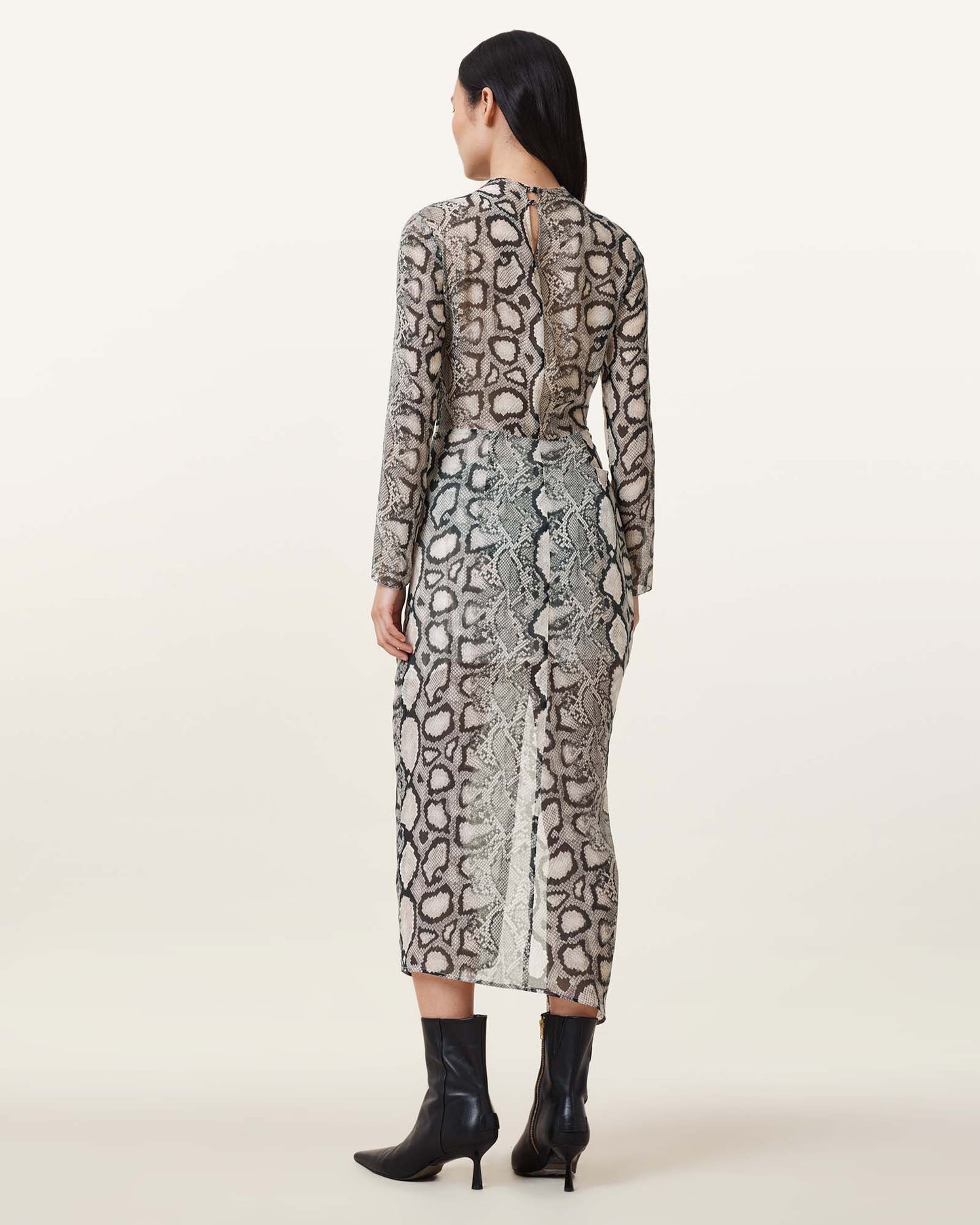 Allsaints Rizo Snake Print Silk Blend Midi Dress Flow Ecru White