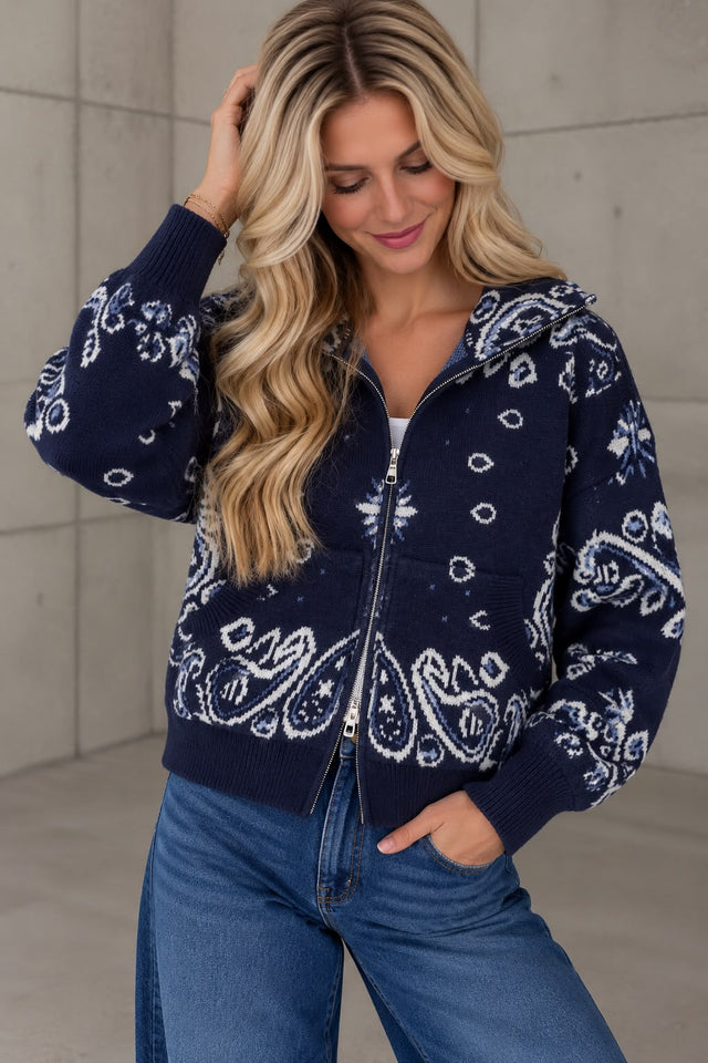Zipper Strickjacke mit angesagtem Paisleymuster navy