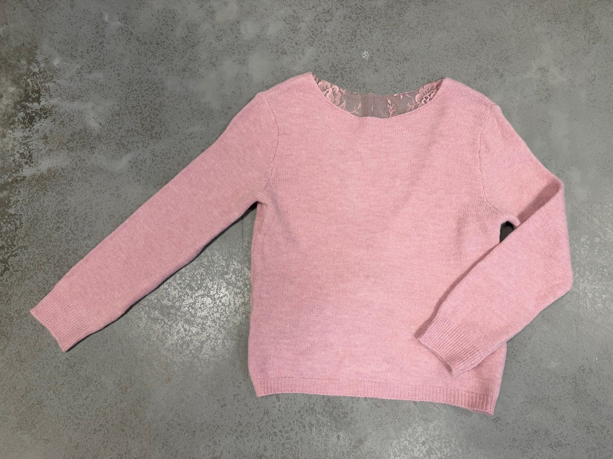 Romantischer Pullover mit Spitzen Rückenausschnitt rosa